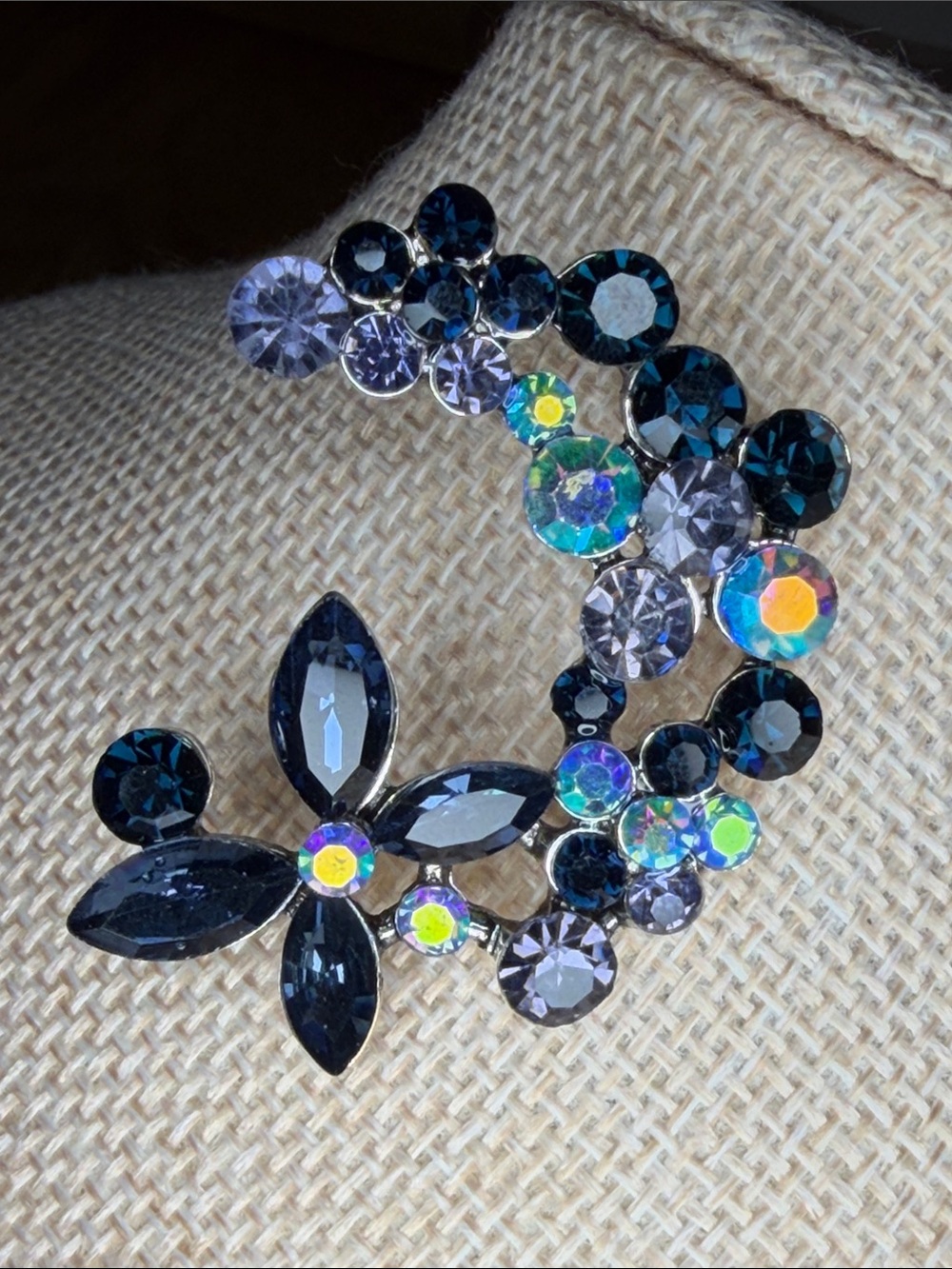 Sparkling Black and Aurora Crystal Floral Brooch